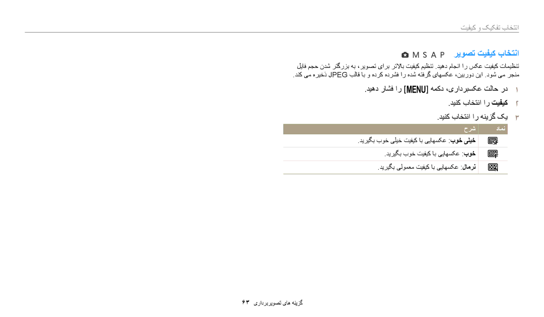 Samsung EC-WB2200BMBSA, EC-WB2200BMBM3, EC-WB2200DMBME, EC-WB2200DPBME manual ريوصت تيفيک باختنا, انتخاب تفکیک و کیفیت 