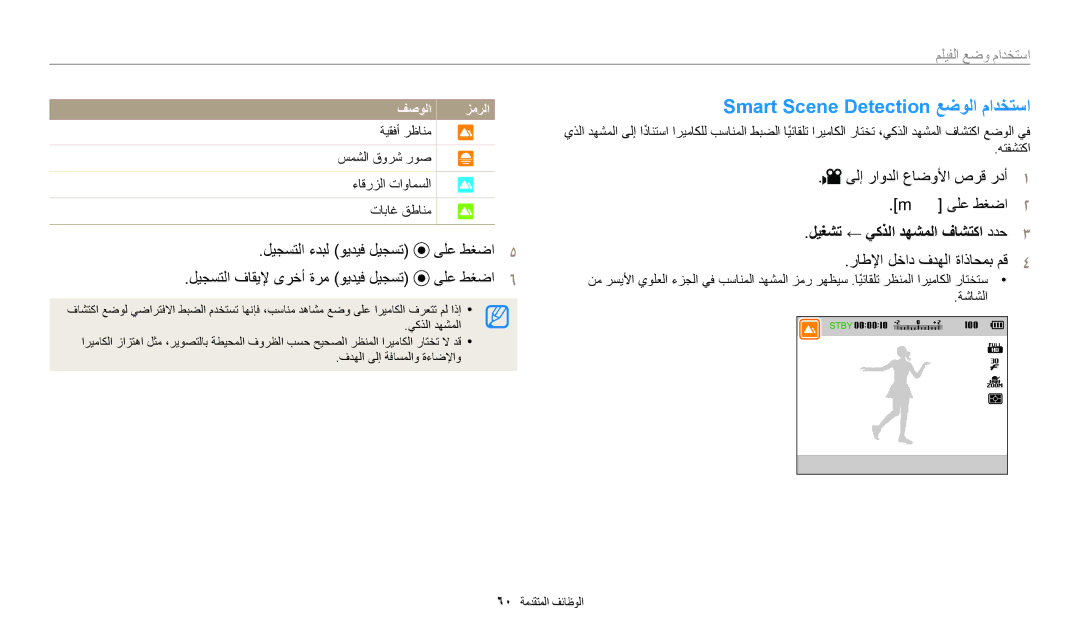 Samsung EC-WB2200BPBRU, EC-WB2200BMBM3 manual Smart Scene Detection عضولا مادختسا, ليغشت ← يكذلا دهشملا فاشتكا ددح٣ 