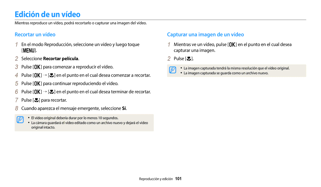 Samsung EC-WB2200BPBE1 manual Edición de un vídeo, Recortar un vídeo, Capturar una imagen de un vídeo 