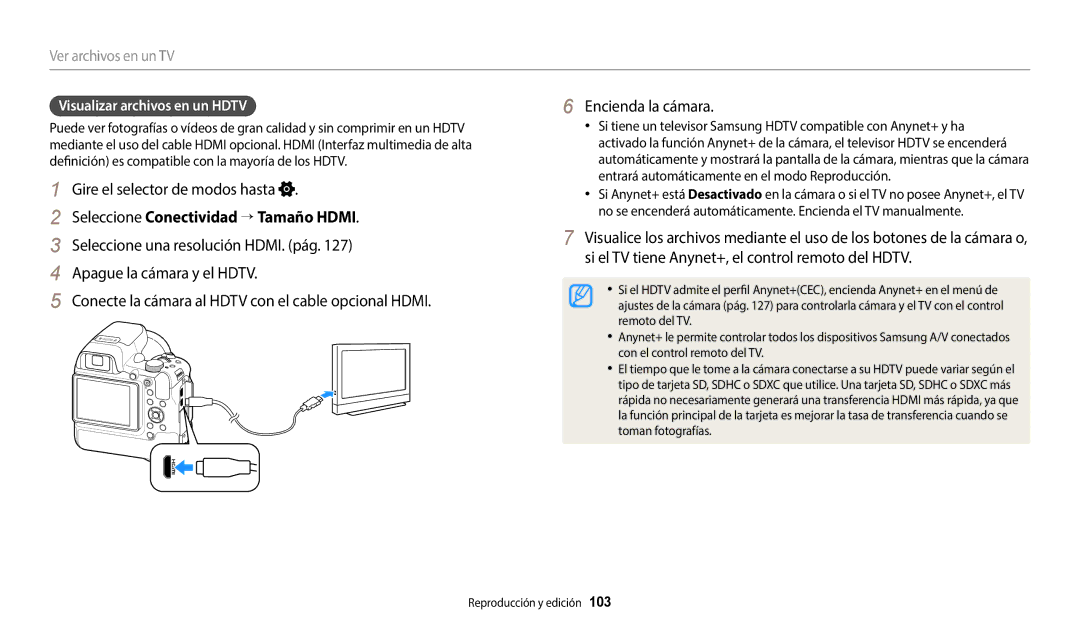 Samsung EC-WB2200BPBE1 manual Seleccione Conectividad  Tamaño Hdmi, Ver archivos en un TV, Visualizar archivos en un Hdtv 