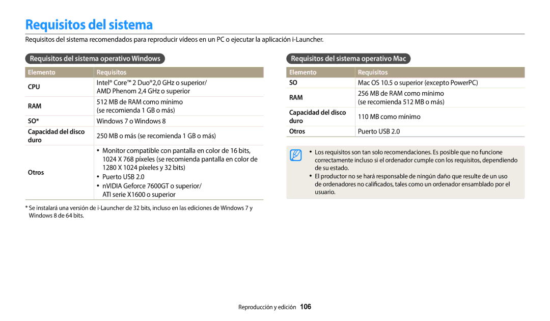 Samsung EC-WB2200BPBE1 manual Requisitos del sistema operativo Windows, Requisitos del sistema operativo Mac 