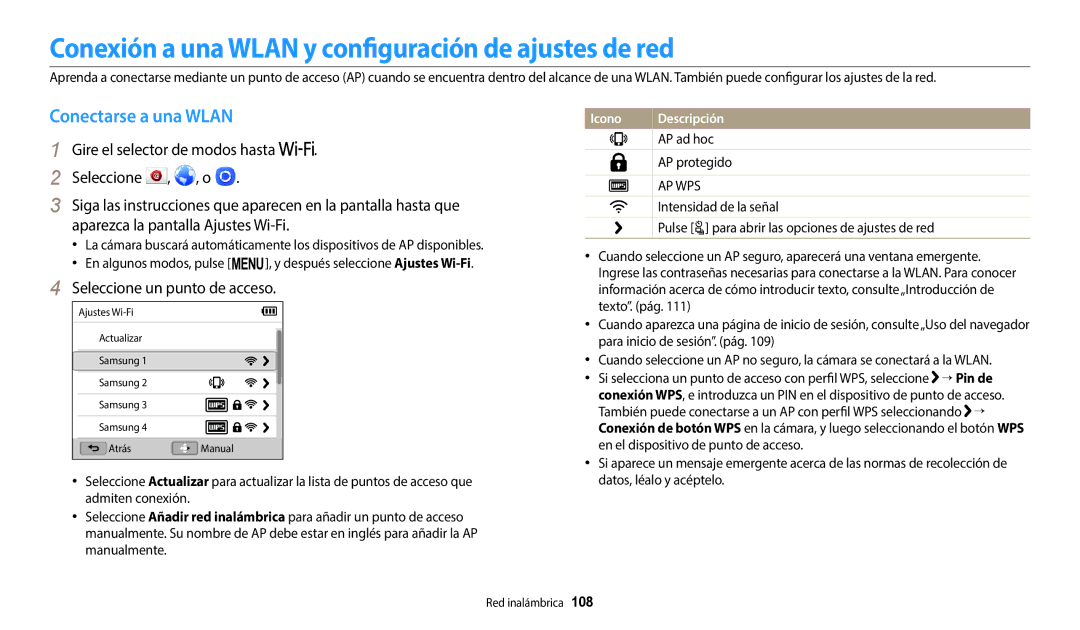 Samsung EC-WB2200BPBE1 manual Conexión a una Wlan y configuración de ajustes de red, Conectarse a una Wlan 