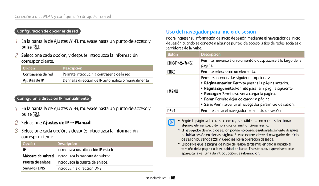 Samsung EC-WB2200BPBE1 manual Uso del navegador para inicio de sesión, Seleccione Ajustes de IP  Manual 