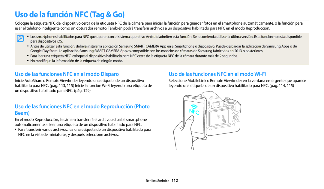 Samsung EC-WB2200BPBE1 manual Uso de la función NFC Tag & Go, Uso de las funciones NFC en el modo Disparo 