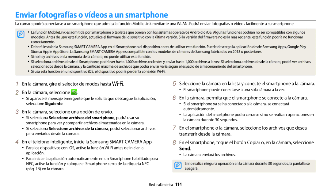 Samsung EC-WB2200BPBE1 manual Enviar fotografías o vídeos a un smartphone, En la cámara, seleccione una opción de envío 