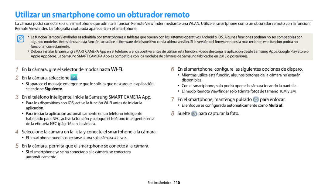 Samsung EC-WB2200BPBE1 Utilizar un smartphone como un obturador remoto, En el smartphone, mantenga pulsado para enfocar 