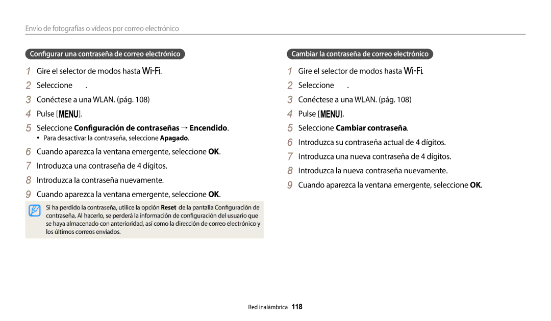 Samsung EC-WB2200BPBE1 manual Seleccione Configuración de contraseñas  Encendido, Seleccione Cambiar contraseña 