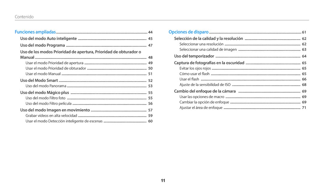 Samsung EC-WB2200BPBE1 manual Contenido, Usar el modo Detección inteligente de escenas 