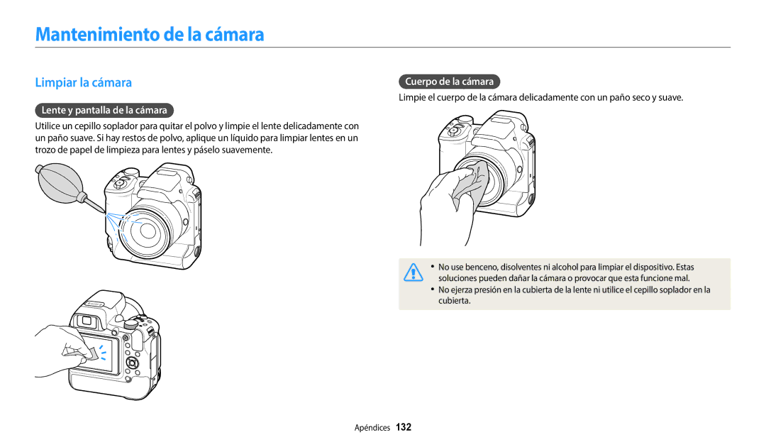 Samsung EC-WB2200BPBE1 Mantenimiento de la cámara, Limpiar la cámara, Lente y pantalla de la cámara, Cuerpo de la cámara 