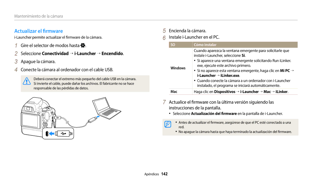 Samsung EC-WB2200BPBE1 manual Actualizar el firmware, Seleccione Conectividad  i-Launcher  Encendido, Cómo instalar 