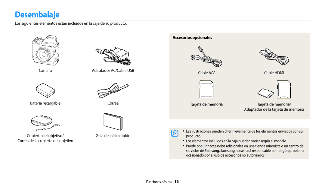 Samsung EC-WB2200BPBE1 manual Desembalaje, Batería recargable, Accesorios opcionales, Cable A/V, Tarjeta de memoria 