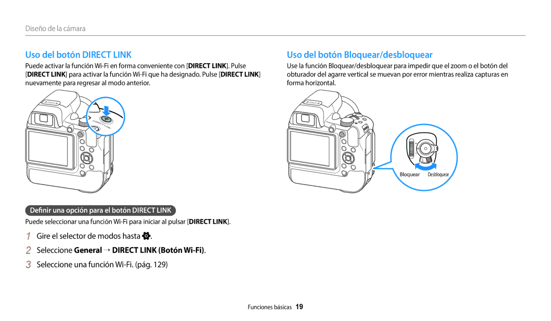 Samsung EC-WB2200BPBE1 Uso del botón Direct Link, Uso del botón Bloquear/desbloquear, Gire el selector de modos hasta 