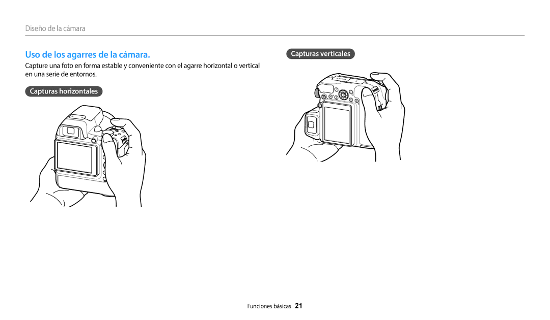 Samsung EC-WB2200BPBE1 manual Uso de los agarres de la cámara, Capturas horizontales 