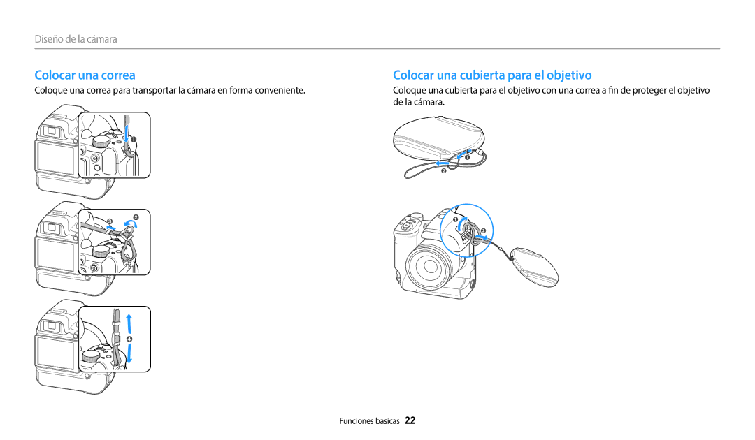 Samsung EC-WB2200BPBE1 manual Colocar una correa, Colocar una cubierta para el objetivo 