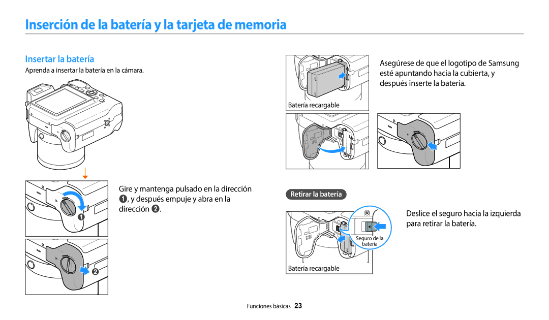 Samsung EC-WB2200BPBE1 manual Inserción de la batería y la tarjeta de memoria, Insertar la batería, Retirar la batería 