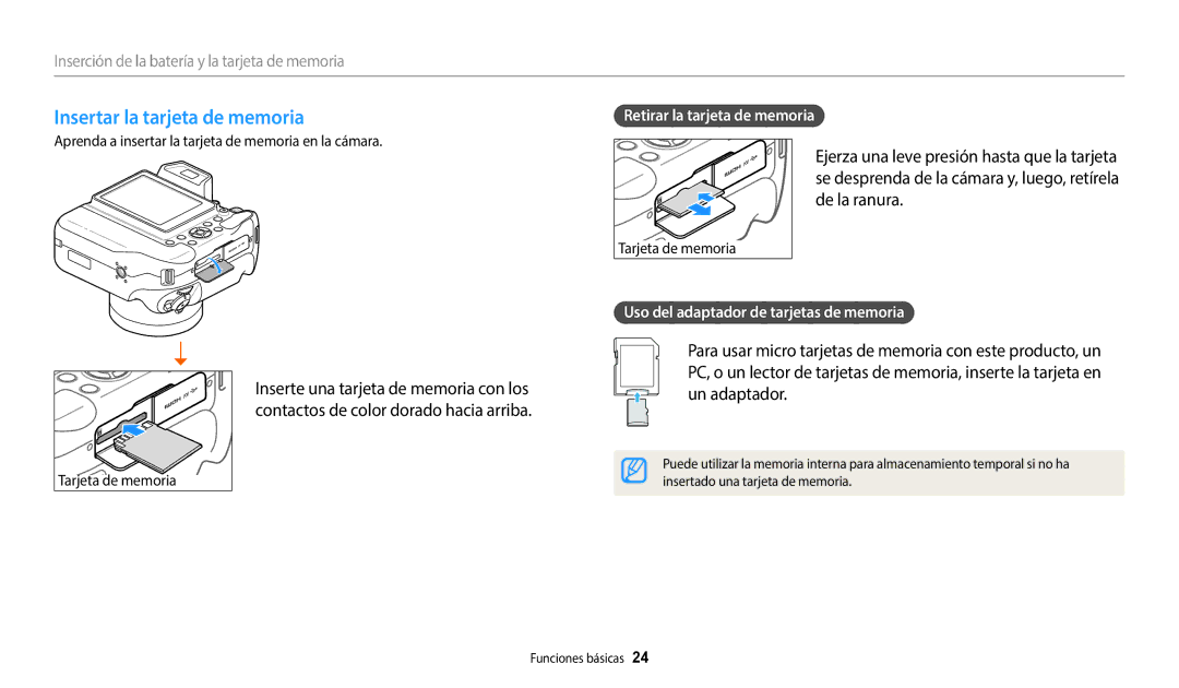 Samsung EC-WB2200BPBE1 manual Insertar la tarjeta de memoria, Inserción de la batería y la tarjeta de memoria 