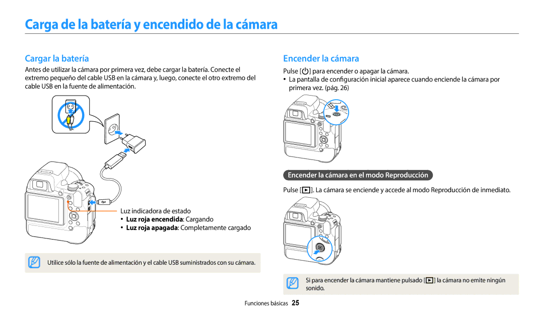 Samsung EC-WB2200BPBE1 manual Carga de la batería y encendido de la cámara, Cargar la batería, Encender la cámara 