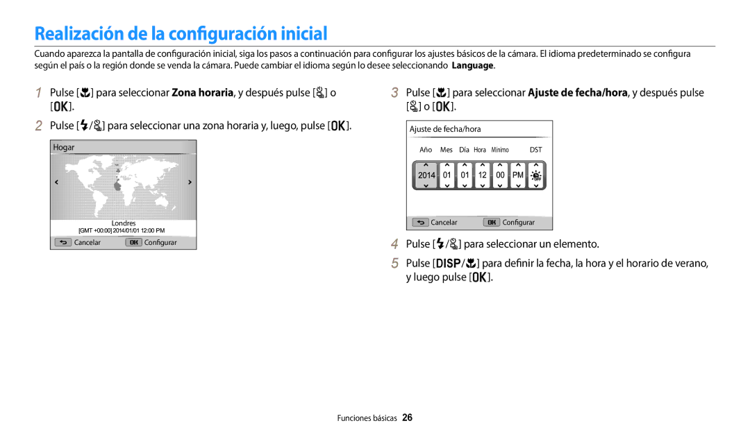 Samsung EC-WB2200BPBE1 Realización de la configuración inicial, Pulse c para seleccionar Zona horaria, y después pulse t o 