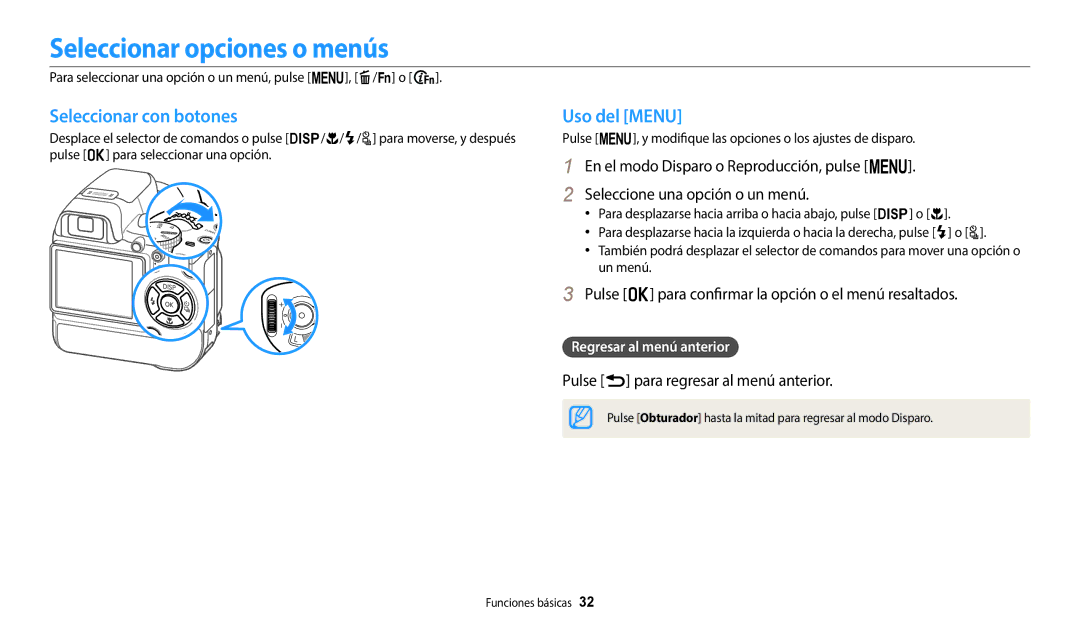 Samsung EC-WB2200BPBE1 manual Seleccionar opciones o menús, Seleccionar con botones, Uso del Menu 