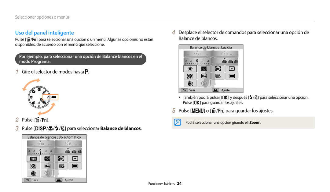 Samsung EC-WB2200BPBE1 manual Uso del panel inteligente, Pulse m o f/s para guardar los ajustes 