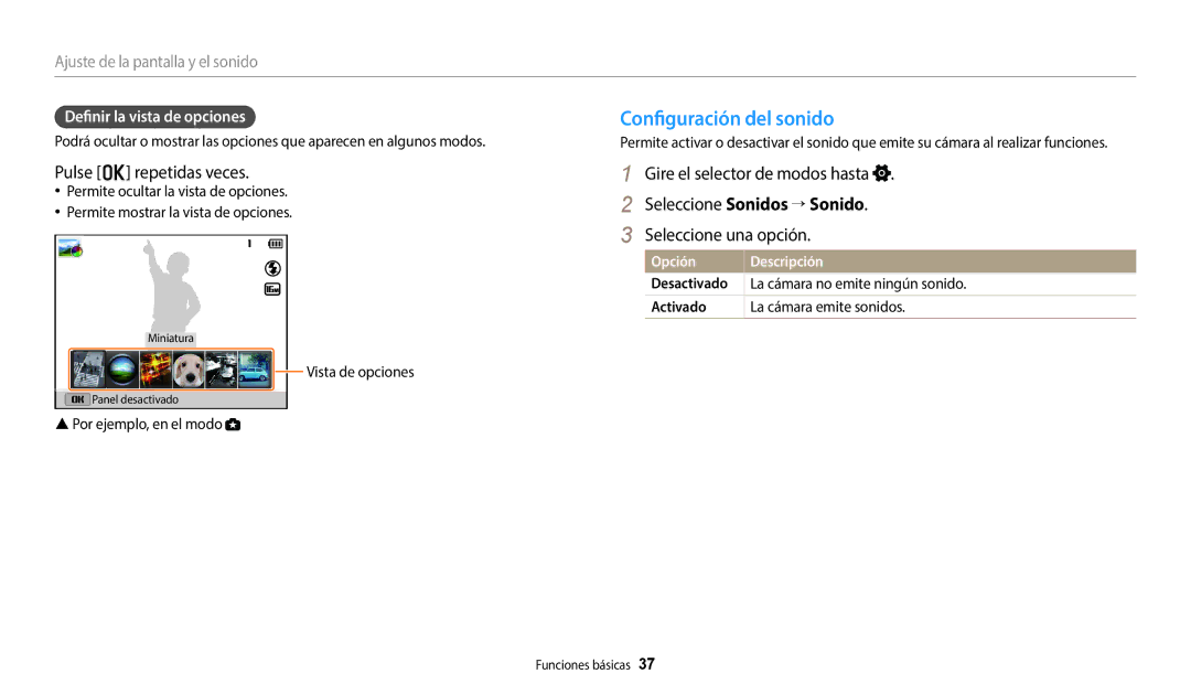 Samsung EC-WB2200BPBE1 manual Configuración del sonido, Pulse o repetidas veces, Seleccione Sonidos  Sonido 