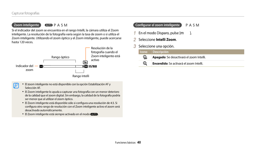 Samsung EC-WB2200BPBE1 Configurar el zoom inteligente, Rango ópticoZoom inteligente está activo, Rango Intelli, Icono 