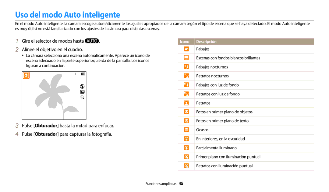 Samsung EC-WB2200BPBE1 manual Uso del modo Auto inteligente 