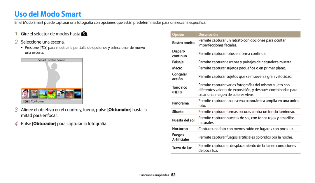 Samsung EC-WB2200BPBE1 manual Uso del Modo Smart, Gire el selector de modos hasta Seleccione una escena, Opción Descripción 