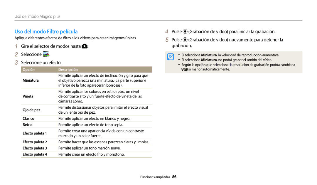 Samsung EC-WB2200BPBE1 manual Uso del modo Filtro película, Uso del modo Mágico plus 