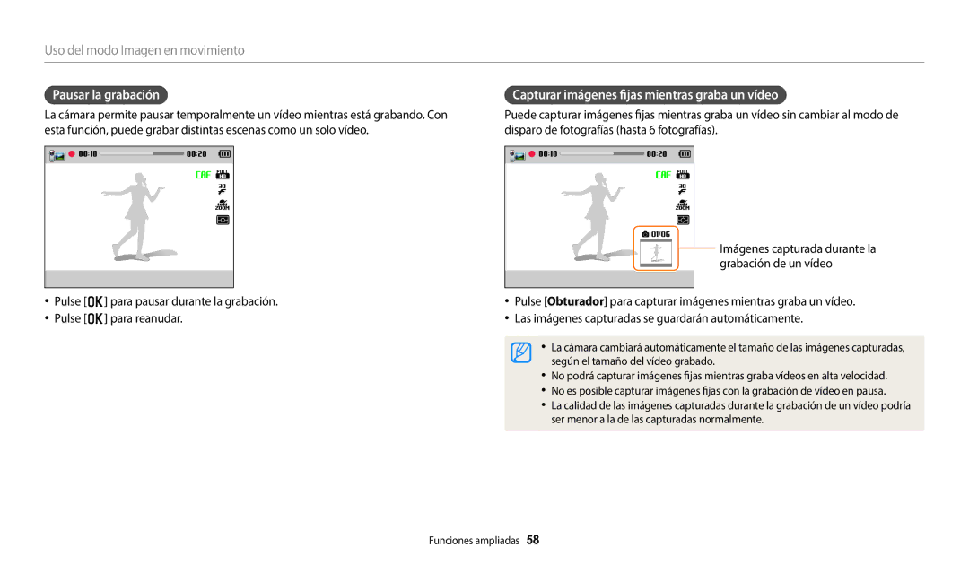 Samsung EC-WB2200BPBE1 manual Uso del modo Imagen en movimiento, Pausar la grabación 