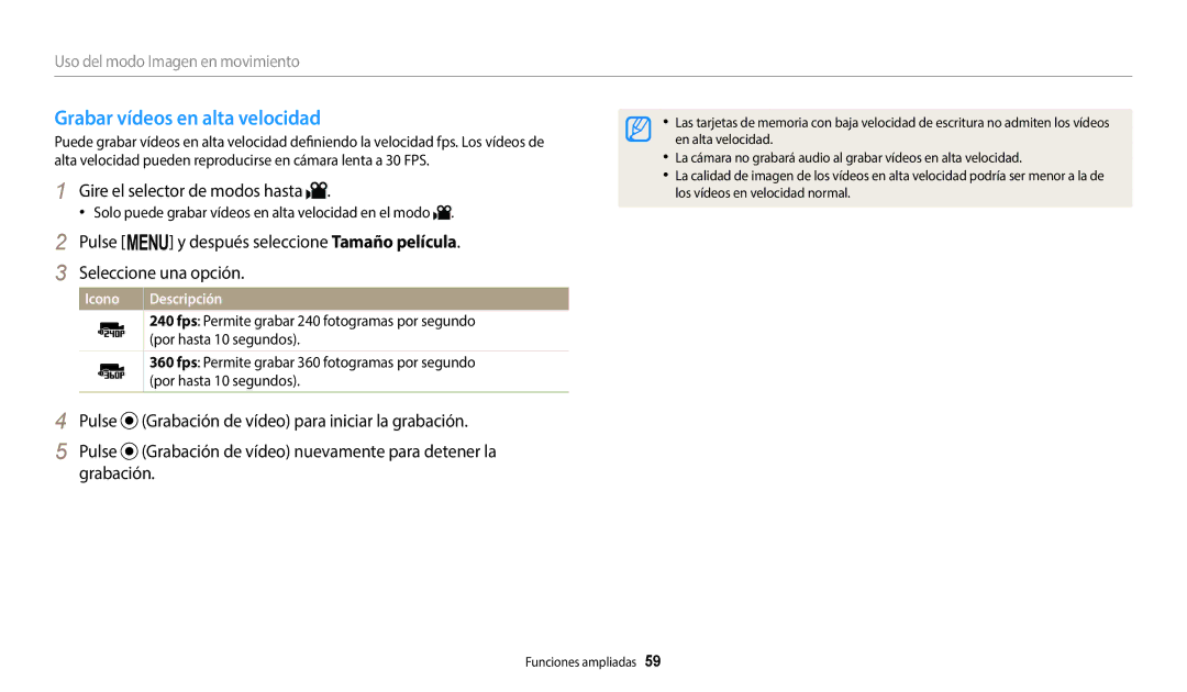 Samsung EC-WB2200BPBE1 manual Grabar vídeos en alta velocidad, Solo puede grabar vídeos en alta velocidad en el modo 