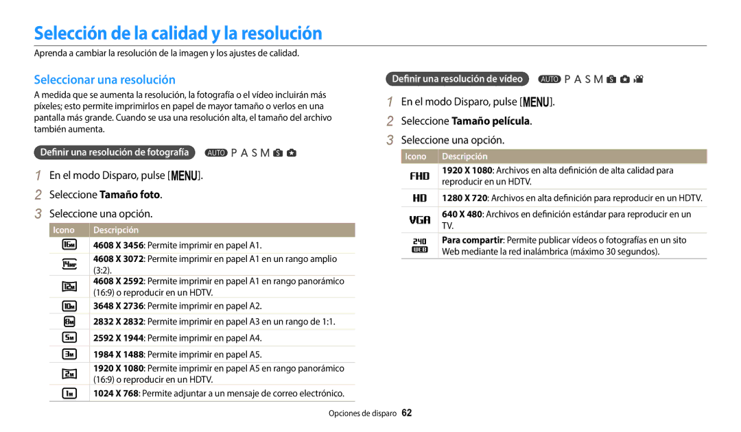 Samsung EC-WB2200BPBE1 Selección de la calidad y la resolución, Seleccionar una resolución, Seleccione Tamaño película 