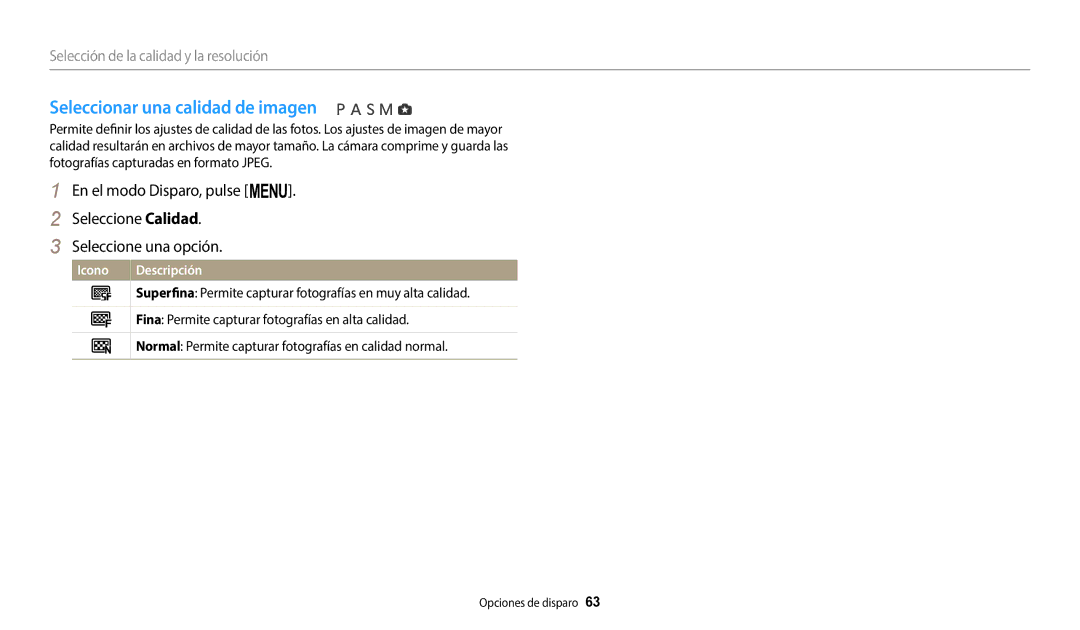 Samsung EC-WB2200BPBE1 manual Seleccionar una calidad de imagen, Selección de la calidad y la resolución 