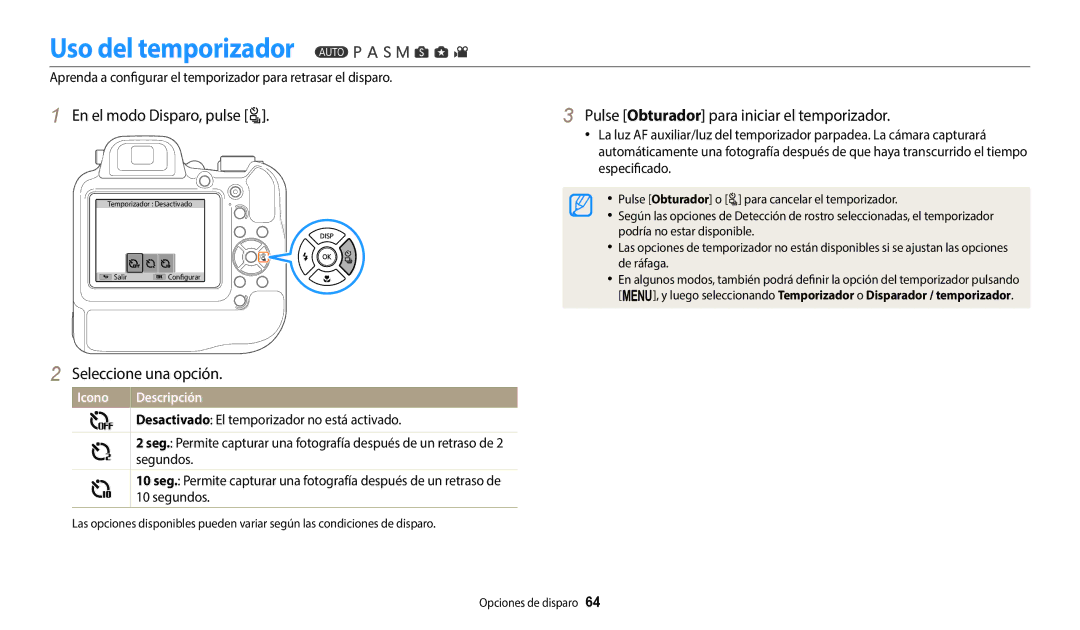 Samsung EC-WB2200BPBE1 Uso del temporizador, En el modo Disparo, pulse t, Pulse Obturador para iniciar el temporizador 