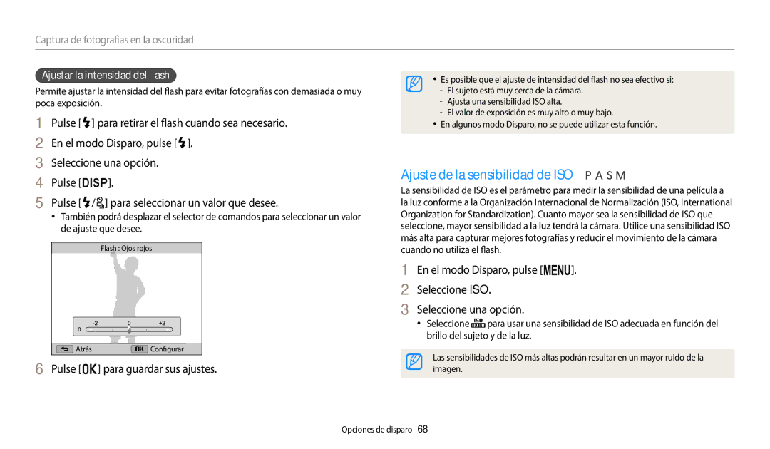 Samsung EC-WB2200BPBE1 manual Ajuste de la sensibilidad de ISO, Ajustar la intensidad del flash 