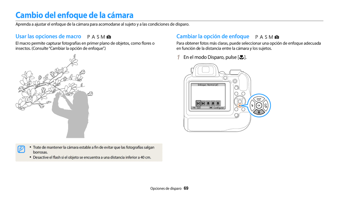 Samsung EC-WB2200BPBE1 manual Cambio del enfoque de la cámara, Usar las opciones de macro, Cambiar la opción de enfoque 