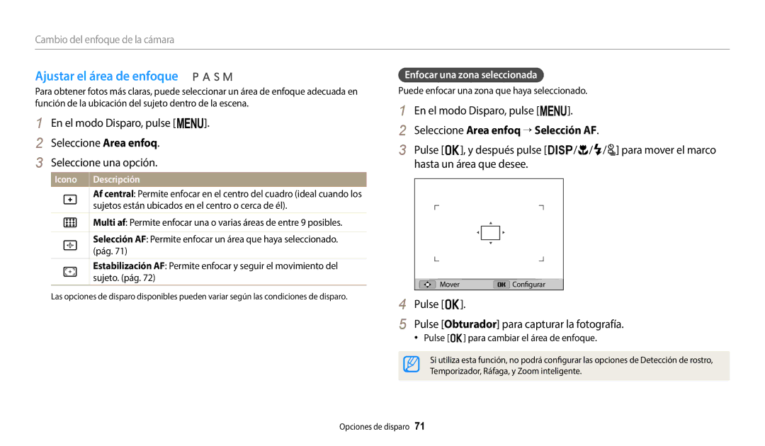 Samsung EC-WB2200BPBE1 Ajustar el área de enfoque, Seleccione Area enfoq  Selección AF, Enfocar una zona seleccionada 