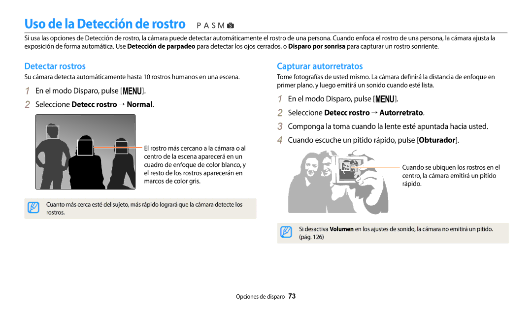 Samsung EC-WB2200BPBE1 manual Uso de la Detección de rostro, Detectar rostros, Capturar autorretratos 