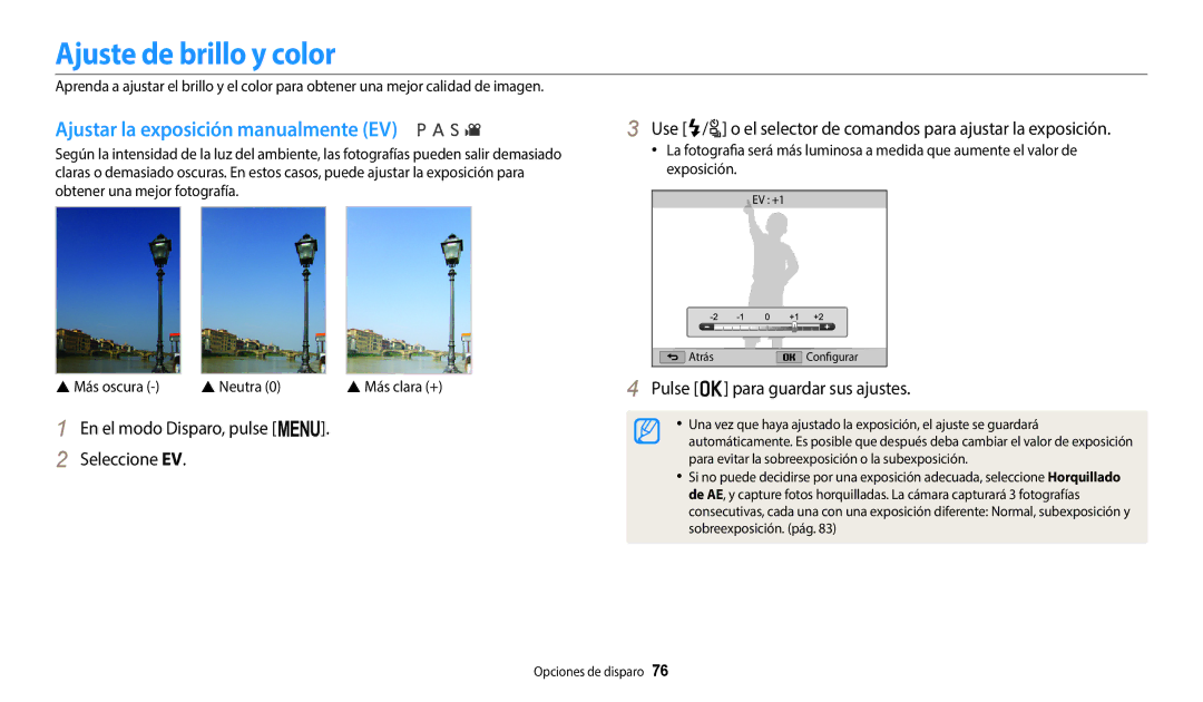 Samsung EC-WB2200BPBE1 Ajuste de brillo y color, Ajustar la exposición manualmente EV,  Más oscura  Neutra 