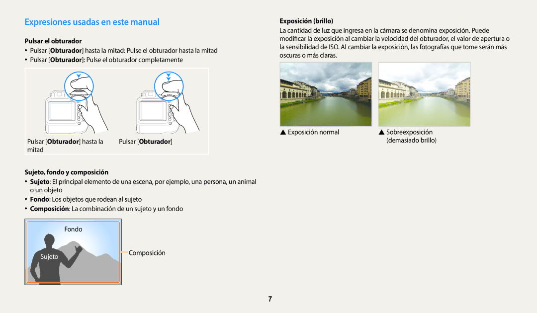 Samsung EC-WB2200BPBE1 Expresiones usadas en este manual, Pulsar el obturador, Exposición brillo 