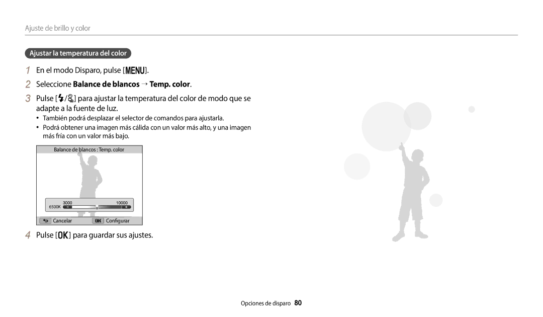 Samsung EC-WB2200BPBE1 manual Seleccione Balance de blancos  Temp. color, Ajustar la temperatura del color 