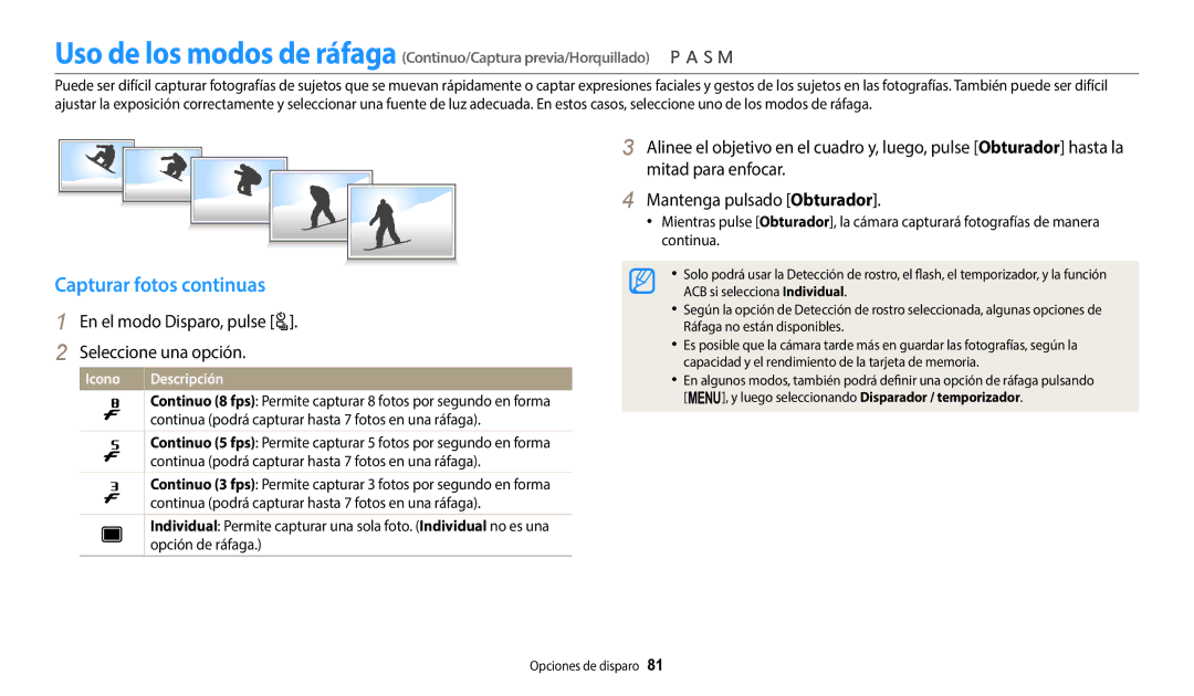 Samsung EC-WB2200BPBE1 manual Capturar fotos continuas, En el modo Disparo, pulse t Seleccione una opción, Opción de ráfaga 