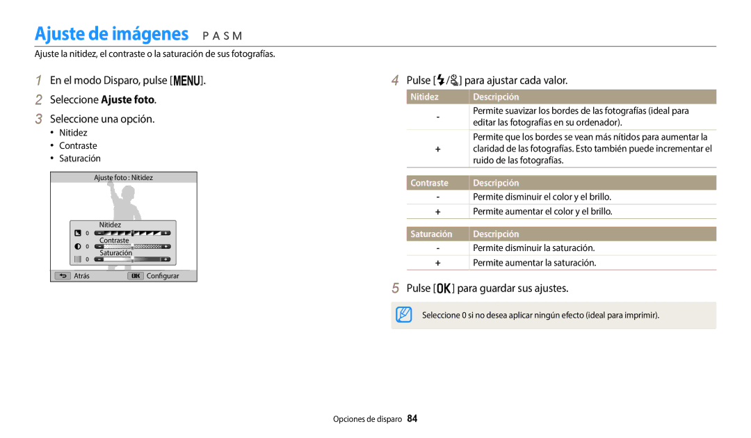 Samsung EC-WB2200BPBE1 manual Ajuste de imágenes, Pulse F/t para ajustar cada valor, Nitidez, Contraste, Saturación 