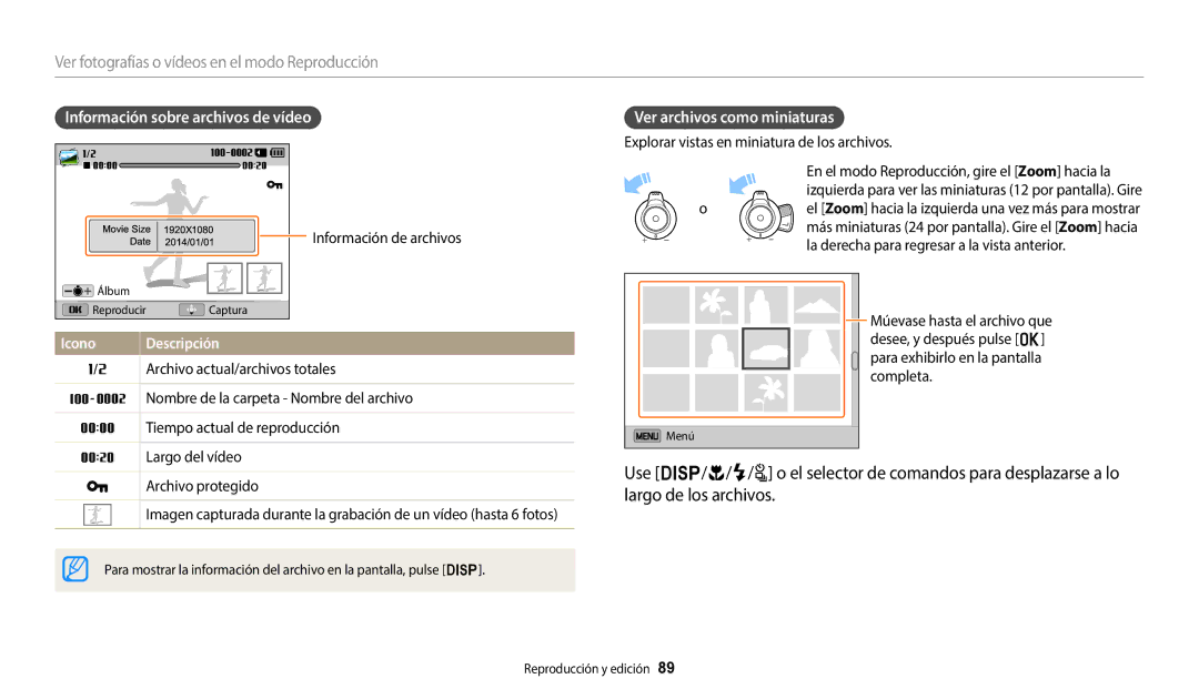 Samsung EC-WB2200BPBE1 manual Ver fotografías o vídeos en el modo Reproducción, Información sobre archivos de vídeo 