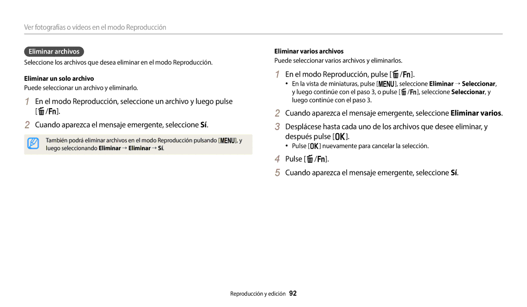 Samsung EC-WB2200BPBE1 manual En el modo Reproducción, pulse f/s, Eliminar archivos, Eliminar un solo archivo 