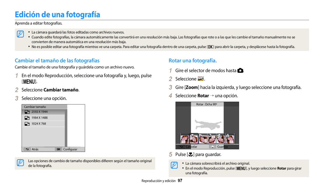 Samsung EC-WB2200BPBE1 manual Edición de una fotografía, Cambiar el tamaño de las fotografías, Rotar una fotografía 