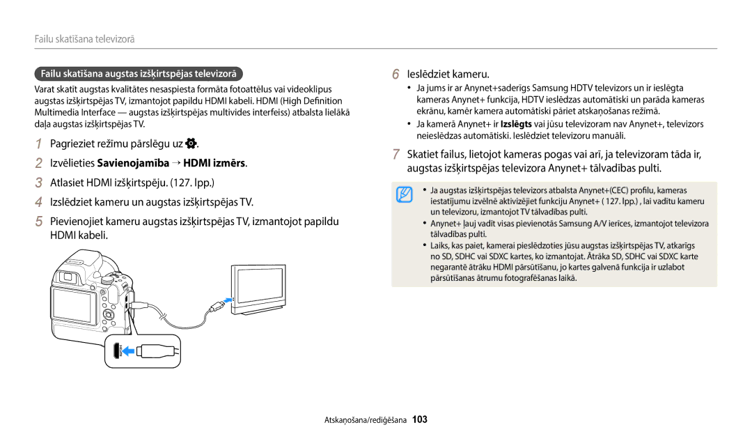 Samsung EC-WB2200BPBE2 manual Izvēlieties Savienojamība → Hdmi izmērs, Failu skatīšana televizorā 