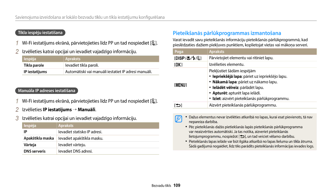 Samsung EC-WB2200BPBE2 manual Pieteikšanās pārlūkprogrammas izmantošana, Izvēlieties IP iestatījums → Manuāli 