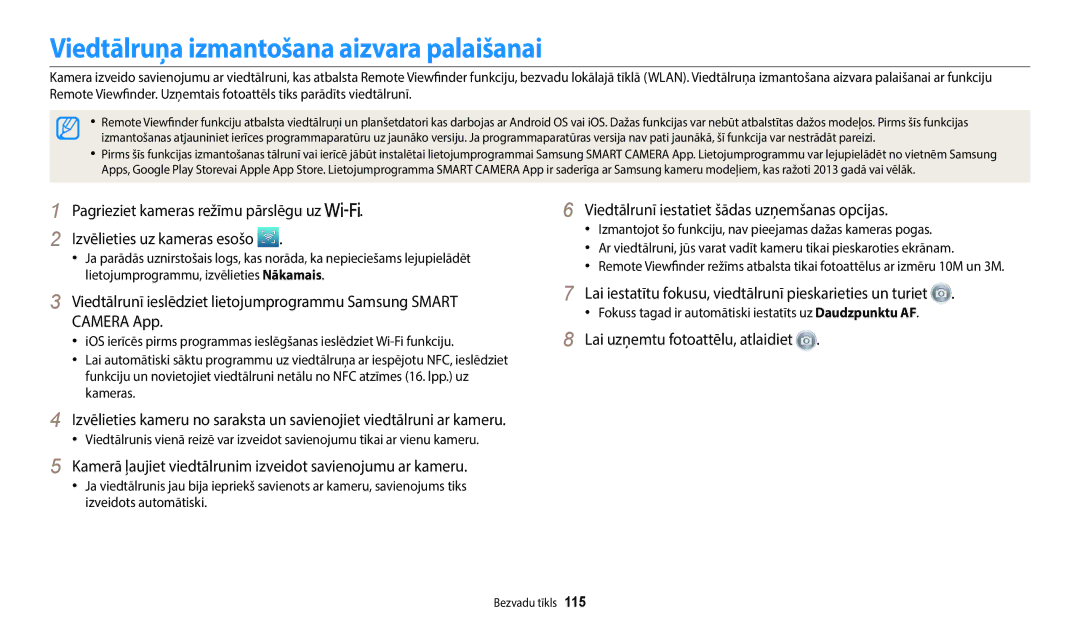 Samsung EC-WB2200BPBE2 manual Viedtālruņa izmantošana aizvara palaišanai, Viedtālrunī iestatiet šādas uzņemšanas opcijas 