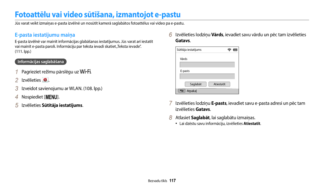 Samsung EC-WB2200BPBE2 manual Fotoattēlu vai video sūtīšana, izmantojot e-pastu, Pasta iestatījumu maiņa 